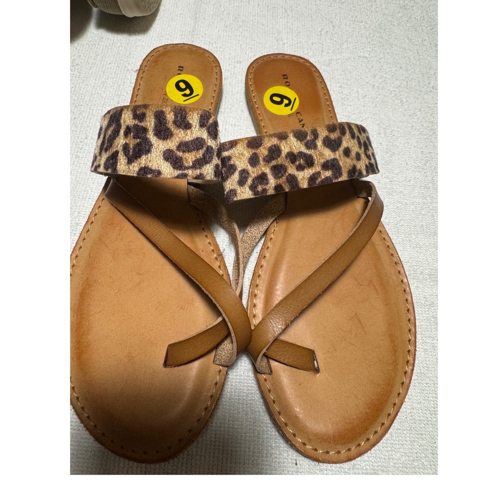 Ro & De Bearly Leopard Print Slide Sandals Tan Toe Loop Flat Summer Shoes Size 9